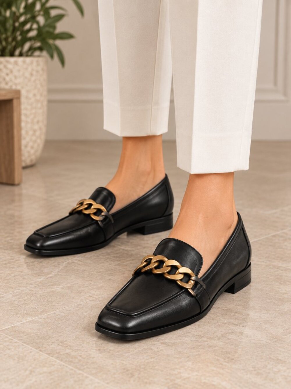 Vionic Mizelle Black Leather Chain Square Toe Loafers Shoes 8.5
